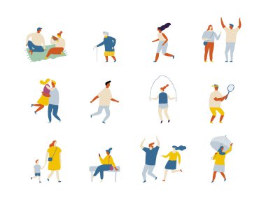 Açık hava aktiviteleri düz vektör karakterler silueti. İnsanlar scooter, patenler, kaykay, kaykay, koşu, köpekle yürüyüş.