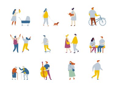 Açık hava aktiviteleri düz vektör karakterler silueti. İnsanlar scooter, patenler, kaykay, kaykay, koşu, köpekle yürüyüş.