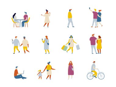 People outdoor activities flat vector characters silhouette. People riding scooter, rollers, skate, bike, skateboard, jogging, walking with dog.