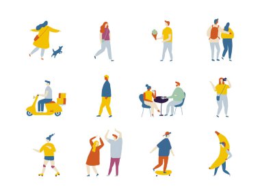 Açık hava aktiviteleri düz vektör karakterler silueti. İnsanlar scooter, patenler, kaykay, kaykay, koşu, köpekle yürüyüş.