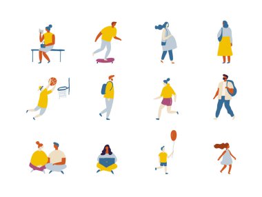 Açık hava aktiviteleri düz vektör karakterler silueti. İnsanlar scooter, patenler, kaykay, kaykay, koşu, köpekle yürüyüş.