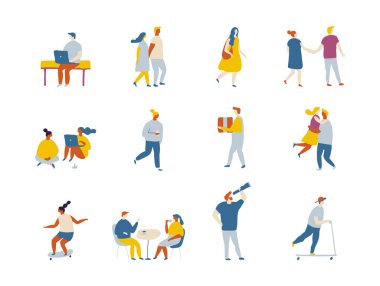 People outdoor activities flat vector characters silhouette. People riding scooter, rollers, skate, bike, skateboard, jogging, walking with dog.