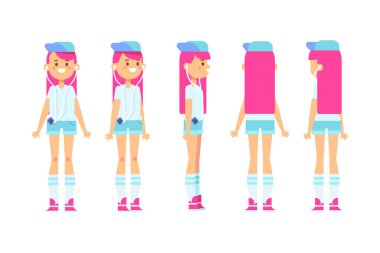Kız, kadın ön, yan, arka görünüm animasyon için düz vektör karakter. Vücut parçalarını ayır. 