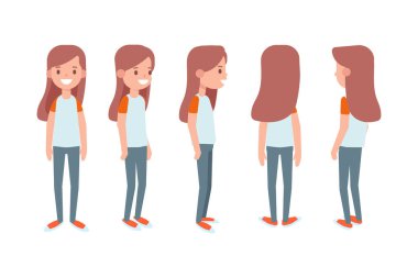 Girl, Woman front, side, back view flat vector character for animation. Separate body parts. 