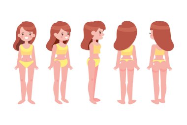 Kız, kadın ön, yan, arka, 3-4 düz vektör karakteri animasyon için. Vücut parçalarını ayır. 