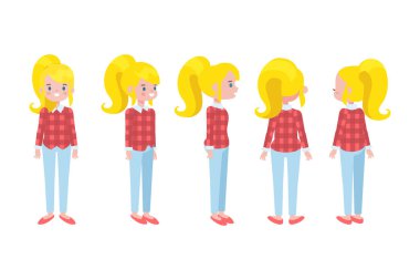 Kız, kadın ön, yan, arka, 3-4 düz vektör karakteri animasyon için. Vücut parçalarını ayır. 