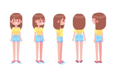 Kız, kadın ön, yan, arka görünüm animasyon için düz vektör karakter. Vücut parçalarını ayır. 