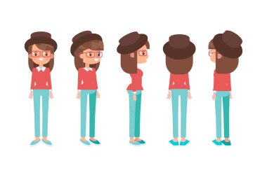 Girl, Woman front, side, back view flat vector character for animation. Separate body parts. 