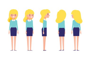 Girl, Woman front, side, back view flat vector character for animation. Separate body parts. 
