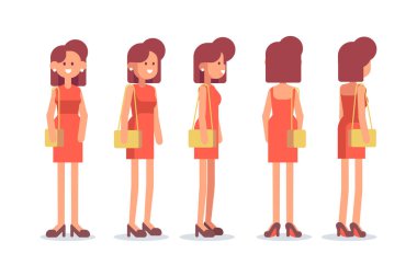 Girl, Woman front, side, back view flat vector character for animation. Separate body parts. 