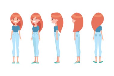 Kız, kadın ön, yan, arka görünüm animasyon için düz vektör karakter. Vücut parçalarını ayır. 