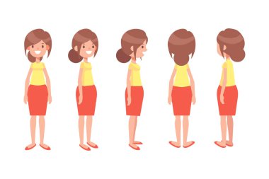 Girl, Woman front, side, back view flat vector character for animation. Separate body parts. 