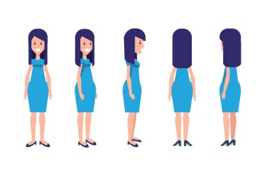 Girl, Woman front, side, back view flat vector character for animation. Separate body parts. 