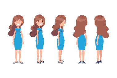 Girl, Woman front, side, back view flat vector character for animation. Separate body parts. 