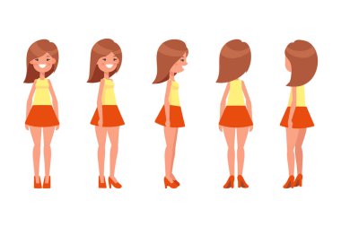 Girl, Woman front, side, back view flat vector character for animation. Separate body parts. 