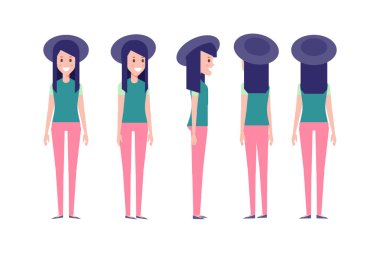 Girl, Woman front, side, back view flat vector character for animation. Separate body parts. 