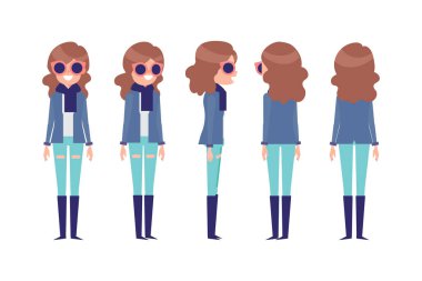 Girl, Woman front, side, back view flat vector character for animation. Separate body parts. 