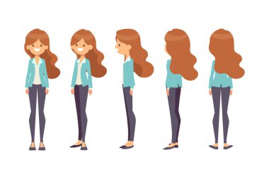 Girl, Woman front, side, back view flat vector character for animation. Separate body parts. 