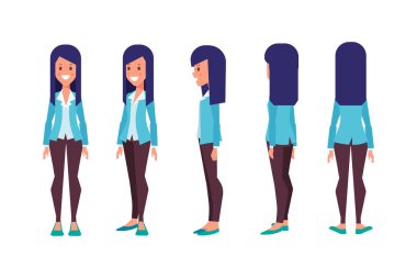 Girl, Woman front, side, back view flat vector character for animation. Separate body parts. 
