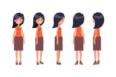 Girl, Woman front, side, back view flat vector character for animation. Separate body parts. 