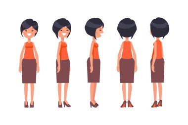 Girl, Woman front, side, back view flat vector character for animation. Separate body parts. 