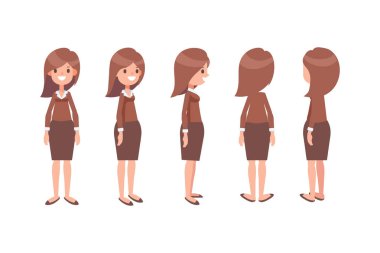Girl, Woman front, side, back view flat vector character for animation. Separate body parts. 