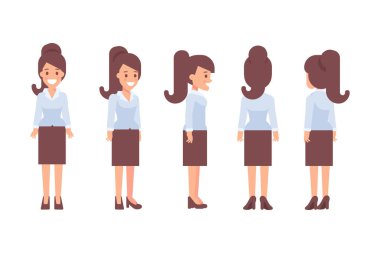 Girl, Woman front, side, back view flat vector character for animation. Separate body parts. 