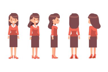 Girl, Woman front, side, back view flat vector character for animation. Separate body parts. 