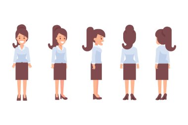 Girl, Woman front, side, back view flat vector character for animation. Separate body parts. 