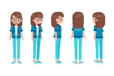 Kız, kadın ön, yan, arka, 3-4 düz vektör karakteri animasyon için. Vücut parçalarını ayır. 