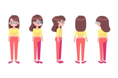 Girl, Woman front, side, back, 3-4 view flat vector character for animation. Separate body parts. 