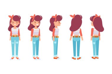 Kız, kadın ön, yan, arka, 3-4 düz vektör karakteri animasyon için. Vücut parçalarını ayır. 