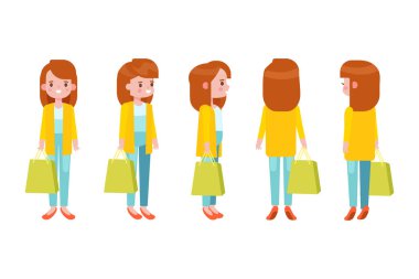 Girl, Woman front, side, back, 3-4 view flat vector character for animation. Separate body parts. 
