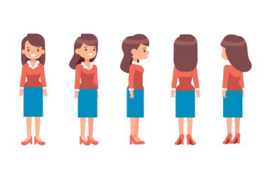 Girl, Woman front, side, back, 3-4 view flat vector character for animation. Separate body parts. 