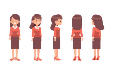 Girl, Woman front, side, back, 3-4 view flat vector character for animation. Separate body parts. 