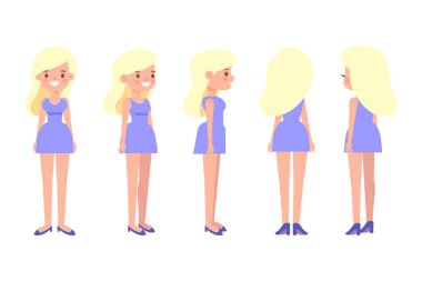 Kız, kadın ön, yan, arka, 3-4 düz vektör karakteri animasyon için. Vücut parçalarını ayır. 