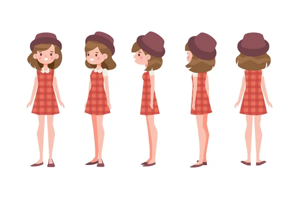 Girl Woman Front Side Back View Flat Vector Character Animation — ストックベクタ