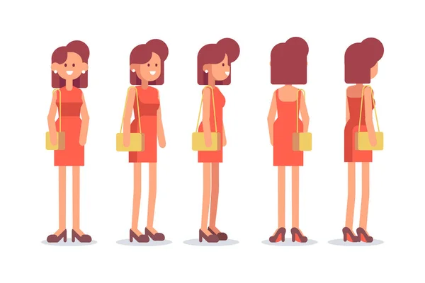 Girl Woman Front Side Back View Flat Vector Character Animation — Vetor de Stock