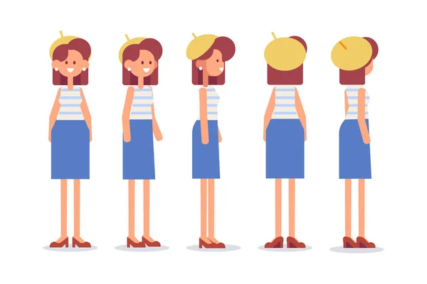 Mädchen Frau Vorne Seite Rückseite Flache Vektorfigur Für Animation Getrennte — Stockvektor