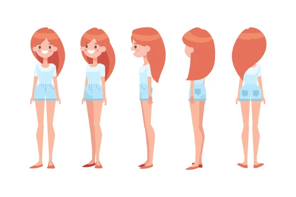 Girl Woman Front Side Back View Flat Vector Character Animation — Stok Vektör