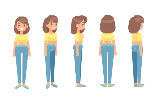 Girl Woman Front Side Back View Flat Vector Character Animation — 스톡 벡터