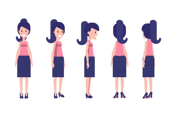 Girl Woman Front Side Back View Flat Vector Character Animation — Vetor de Stock