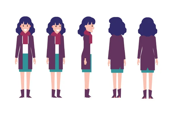 Girl Woman Front Side Back View Flat Vector Character Animation — Vetor de Stock