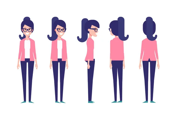 Girl Woman Front Side Back View Flat Vector Character Animation — Vetor de Stock