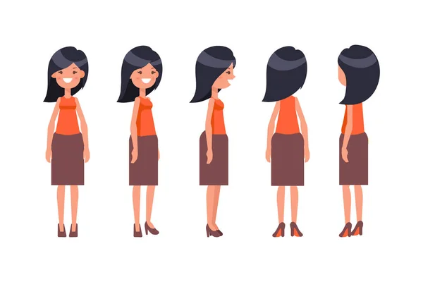 Kız Kadın Yan Arka Görünüm Animasyon Için Düz Vektör Karakter — Stok Vektör