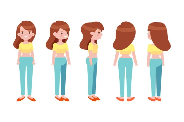 Girl Woman Front Side Back View Flat Vector Character Animation — Stockvektor