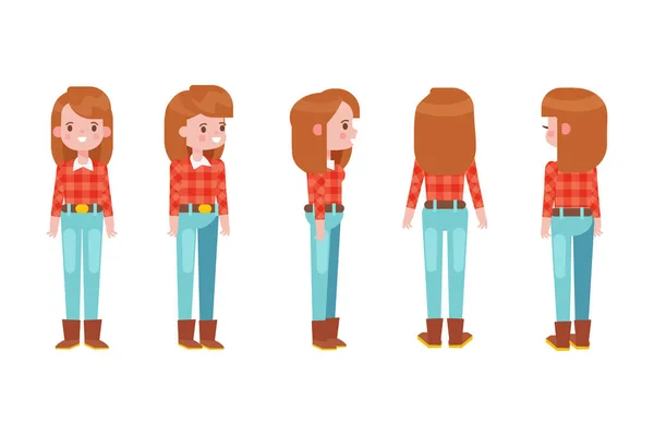 Girl Woman Front Side Back View Flat Vector Character Animation — 스톡 벡터