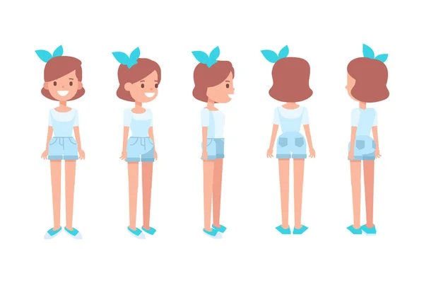 Girl Woman Front Side Back View Flat Vector Character Animation — Vettoriale Stock