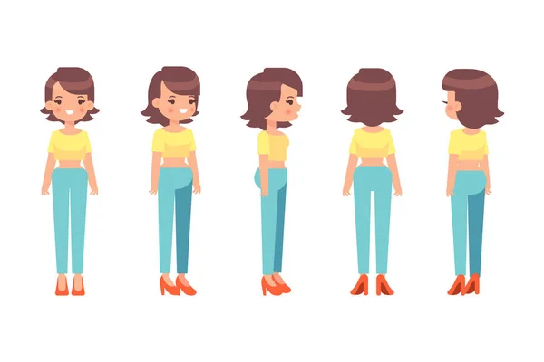 Girl Woman Front Side Back View Flat Vector Character Animation — Stockový vektor
