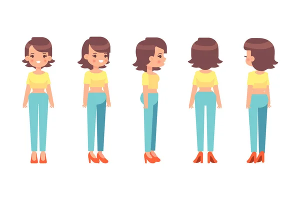 Girl Woman Front Side Back View Flat Vector Character Animation — Vetor de Stock